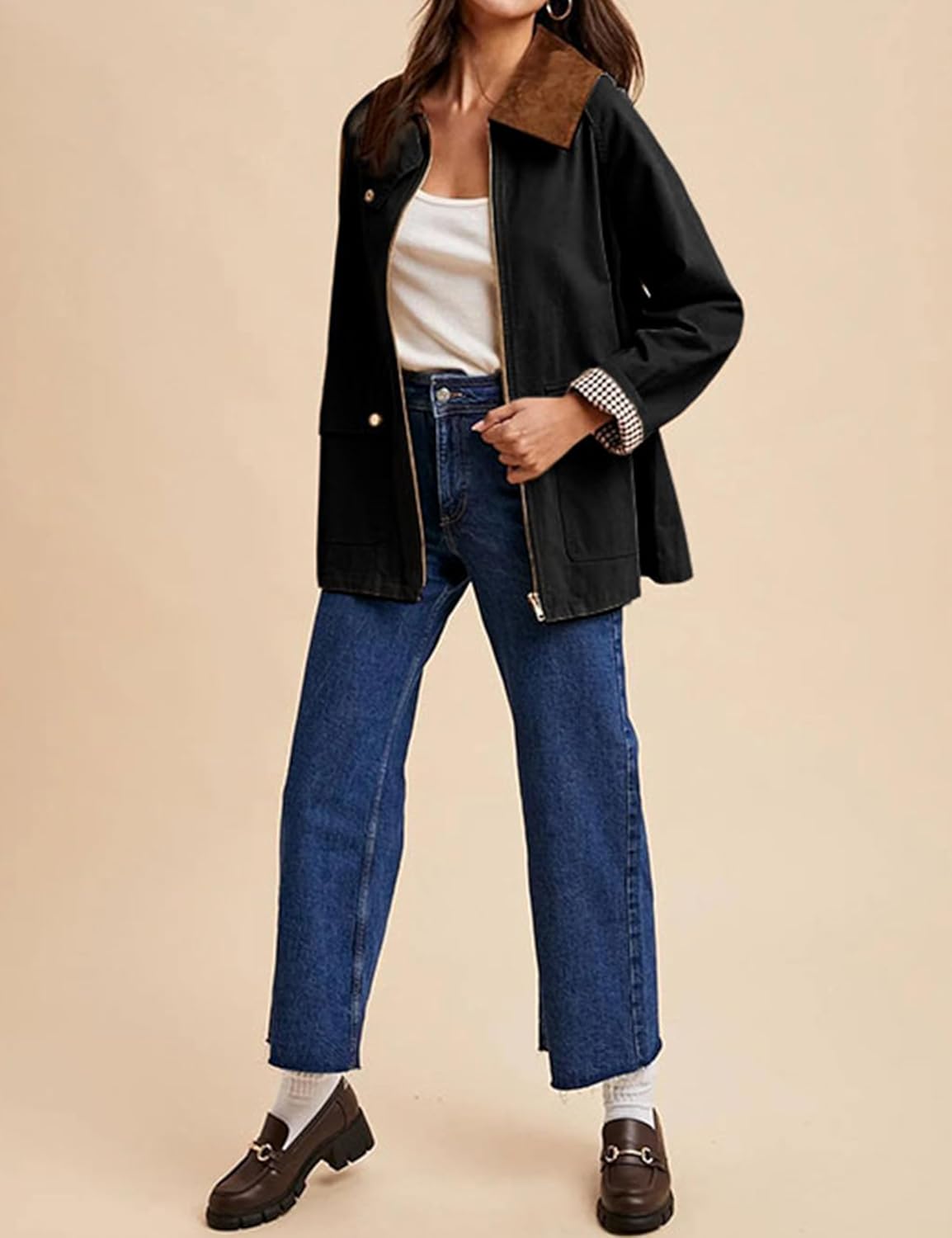 SCUSTY Women's Barn Jackets Fall Color Block Corduroy Collar Utility Coat Outerwear with Pockets - Image 6