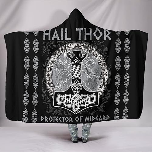 Mjolnir - Manta con capucha vikinga vintage de Thor's Hamme con estampado 3D, súper suave, cálida, de franela de forro polar, manta de felpa, color