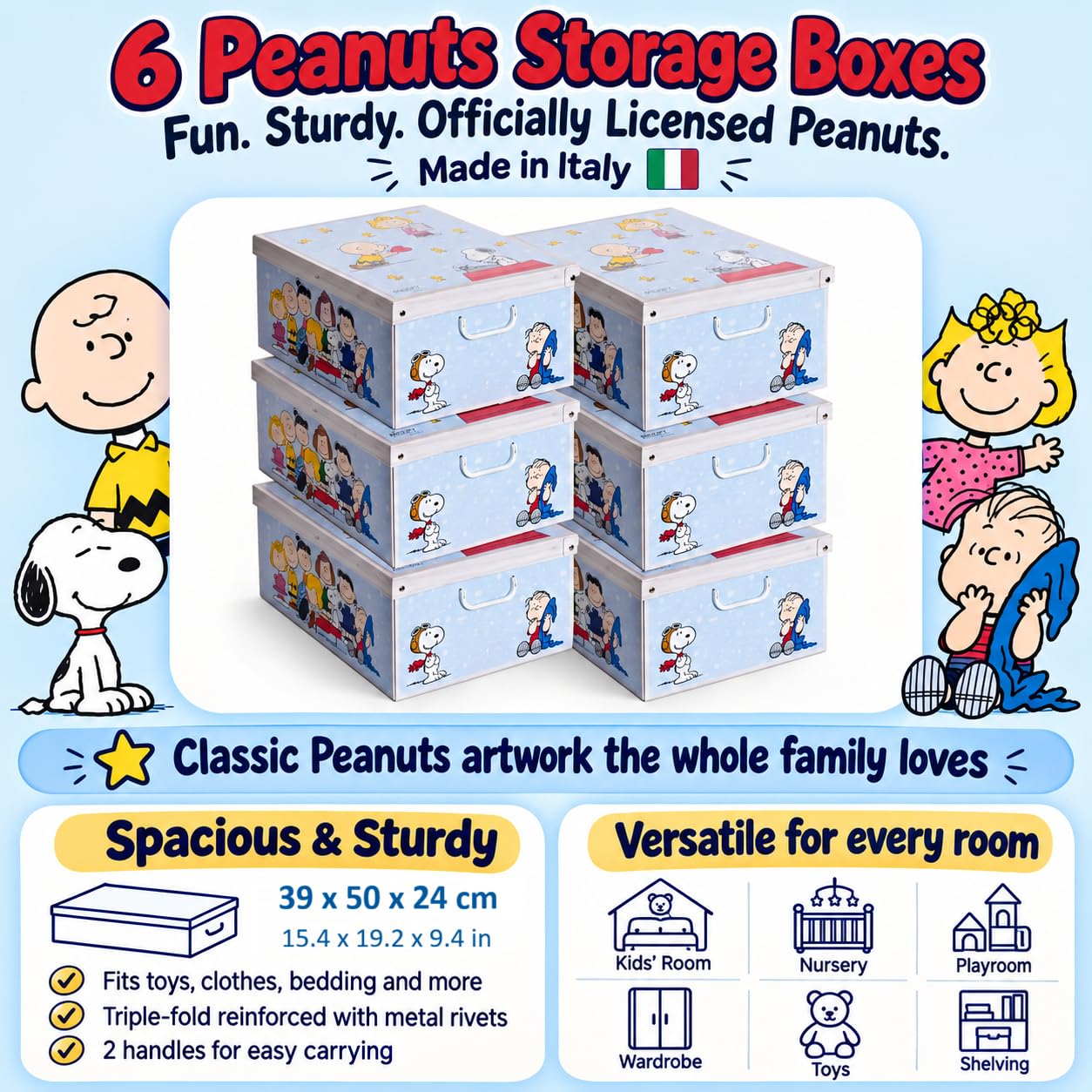 Set 6 Scatole Armadio Portaoggetti Snoopy – Organizer Cambio Stagione in Cartone 39x50x24 cm – Made in Italy, Resistenti, Facili da Montare, con Maniglie, per Vestiti Lenzuola Coperte Giochi Documenti