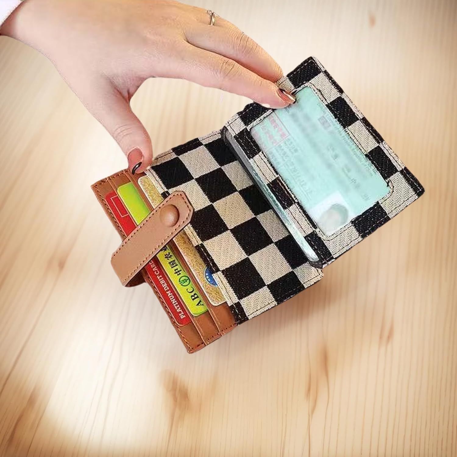 Cute Slim Checkered Canvas Wallet for Women Compact Front Pocket Credit Card Case, Minimalist Purse for Cards (Brown) - Image 7