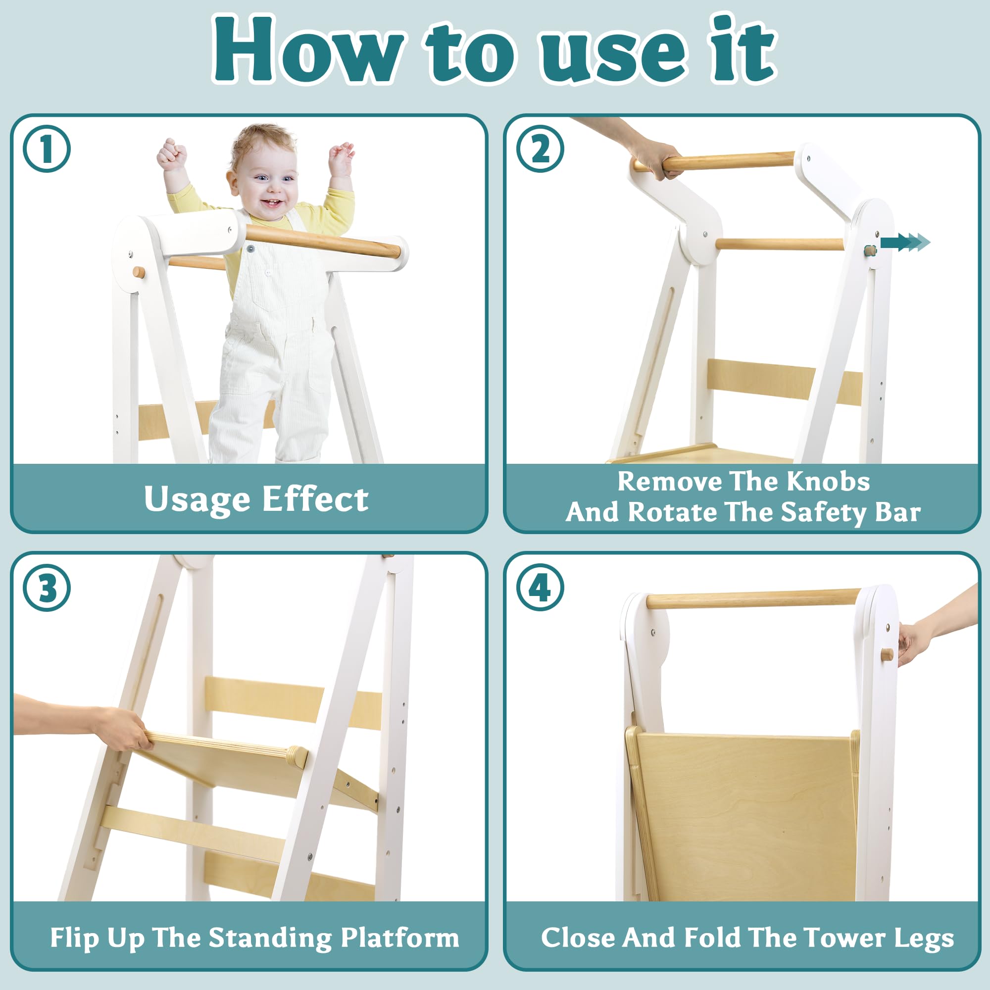 Lernturm Klappbar ab 1 Jahr, 3-stufig Höhenverstellbar Holz Kinder lernturm | Montessori Tritthocker Kinder, Mit Sicherheitsbarriere, Kippschutz, Learning Tower für Küche, Badezimmer, Waschbecken (Weiß)