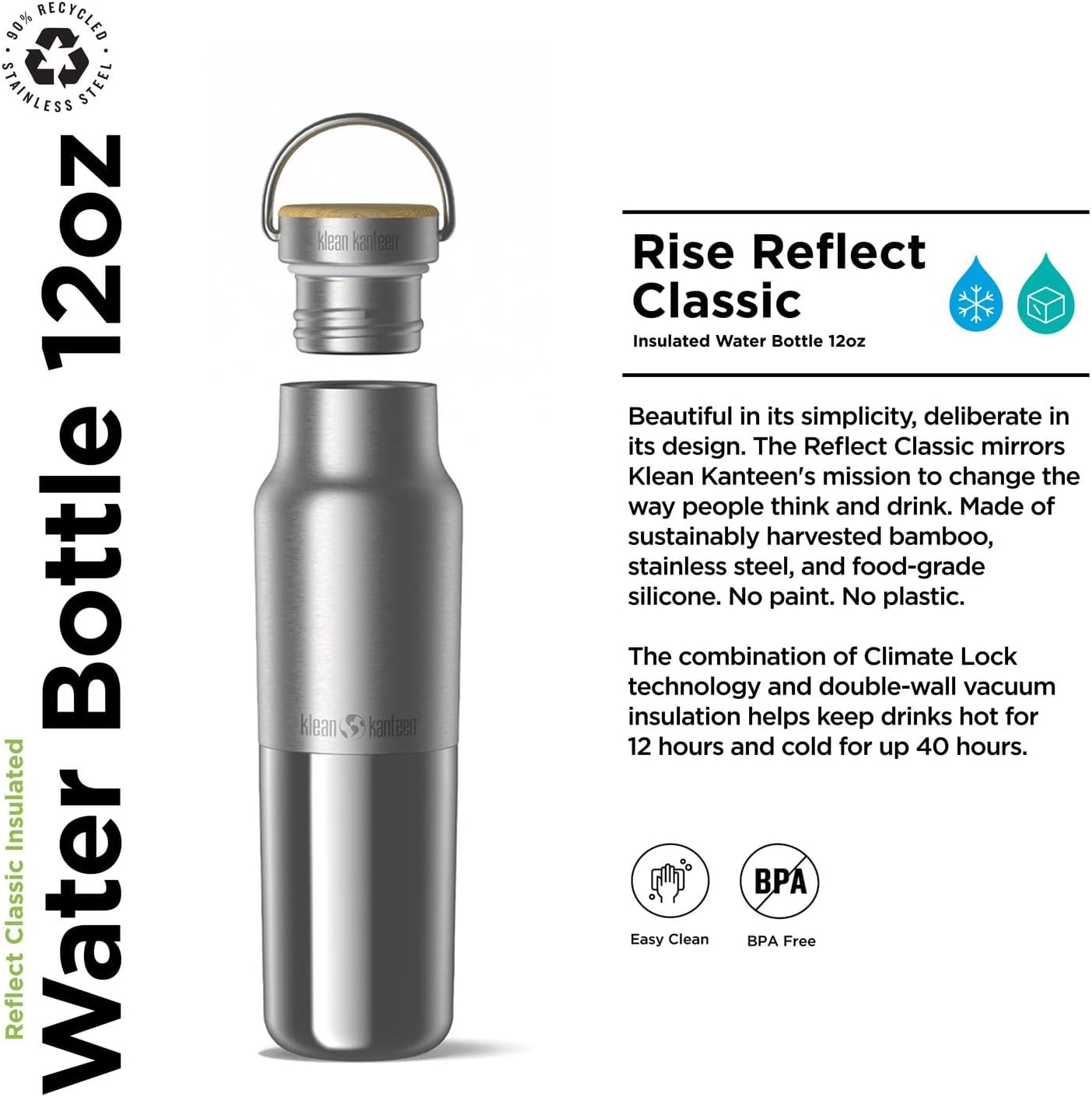 Klean Kanteen Rise Reflect Insulated Water Bottle - Reusable Water Bottle for Quick Hydration - Vacuum Insulation - Dishwasher-Safe - Bamboo Cap - Stainless Steel - 12 oz - Image 2