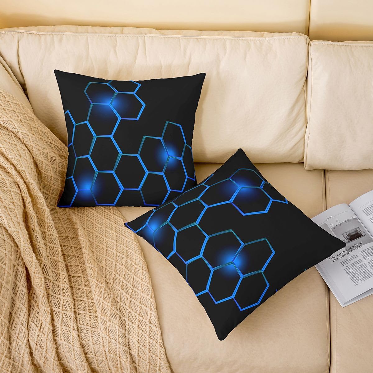 Feelyou Honeycomb Pillow Cases Cushion Covers Modern Hexagon Theme Throw Pillow Covers 24"x24" Set of 2 Soft Decor Geometrical Decorative Throw Pillowcases Beehive Blue Black Cushion Cases Bedroom