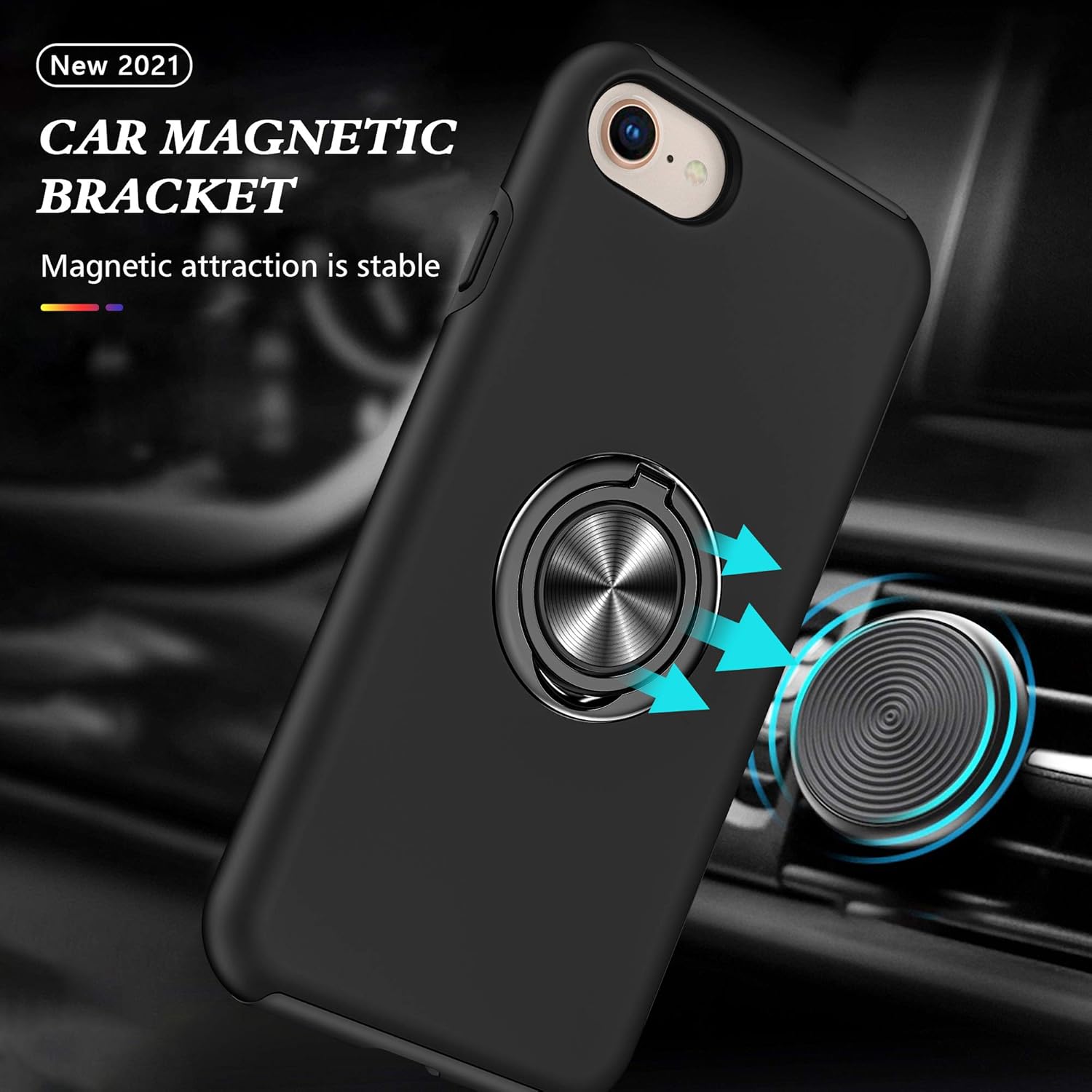 for iPhone SE 2020/2022 Case with Tempered Glass Screen Protector, Hybrid Protective Slim Fit Case with Invisible Magnetic Ring Kickstand, Black - Image 3