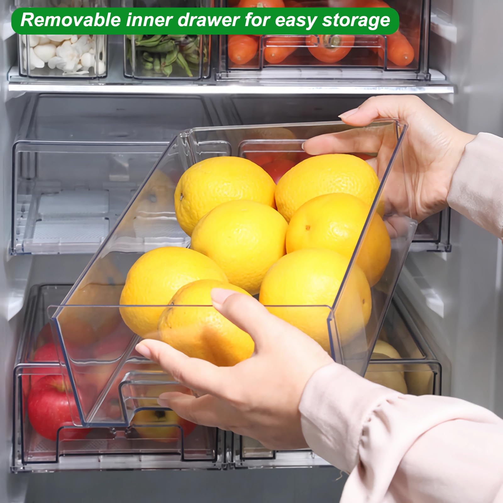 Taiuloo Paquete de 2 cajones de refrigerador, contenedores organizadores transparentes para refrigerador con cajón extraíble, contenedores de almacenamiento de alimentos sin BPA, caja de