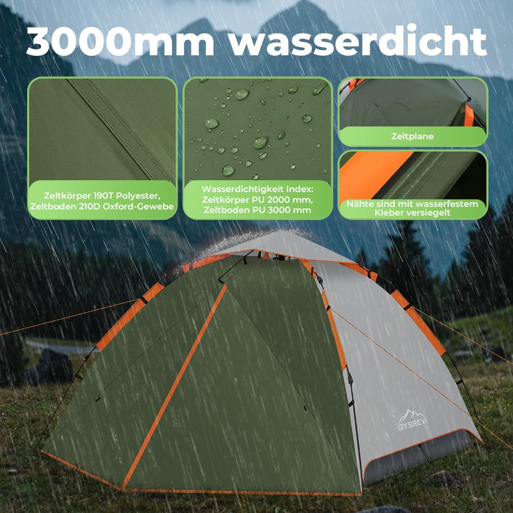 Camping Zelt Automatisches 3 Personen Instant Zelt Pop Up Zelt 4 Jahreszeiten Winddicht Wasserdicht Kuppelzelt mit 2 Mesh-Tür, 2 Mesh-Fenster, 2 in 1 Doppelschichten, Tragetasche für Familie