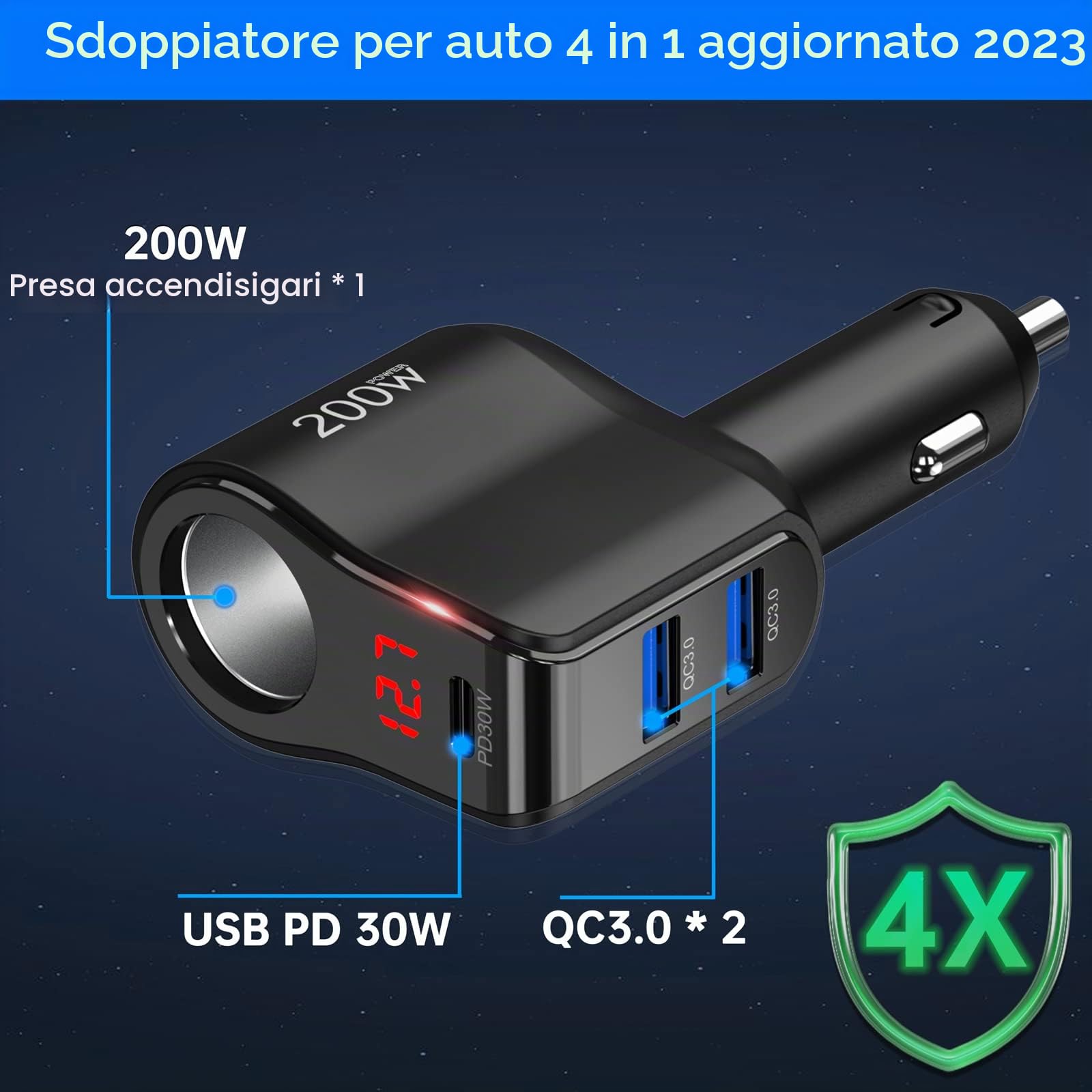 Prese Accendisigari Auto 200W: Qidoe PD 30W e QC3.0 Adattatore Sdoppiatore per Accendisigar Caricabatteria 12V con Voltmeter LED Ricarica Rapida Telefono, Cellulare, Samsung, Dashcam, GPS