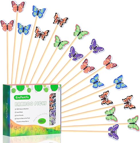 100 piezas de palillos de cóctel con mariposas de patrón de 5 colores, tema de mariposas, decoración para aperitivos, charcutería, comida, sándwich,