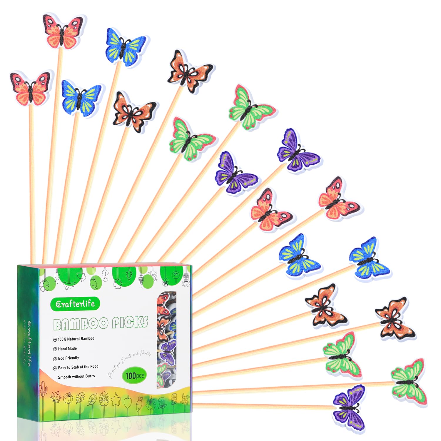 100Pcs Butterfly Cocktail Picks 5 Color Pattern Butterflies Theme Decor Toothpicks Sticks Skewers for Appetizer Charcuterie Food Sandwich, Girls Birthday Fairy Spring Decorations Themed Party Supplies