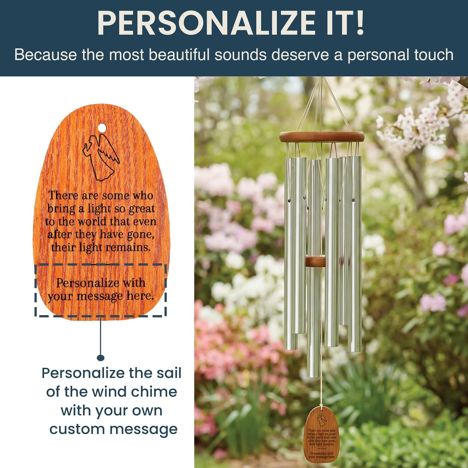 Woodstock Wind Chimes Personalized Amazing Grace Memorial Chime for Outside 24'' Medium Silver Sympathy Customized Angel Inspirational Wind Chime for Outdoor Patio Home Garden Decor (P-AGMS25A)