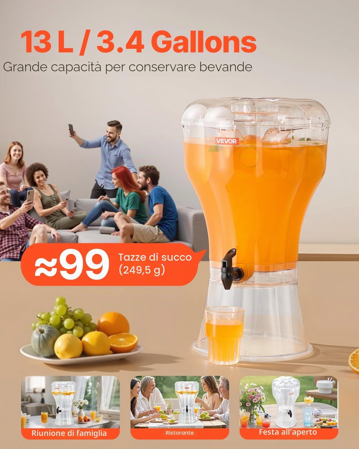VEVOR Distributore di Bevande, 13 L per Feste, Contenitore di Succhi in Plastica con Rubinetto Antigoccia, Distributori di Tè Freddo, Limonata, Succo d'Acqua, per Ristoranti, Hotel, Feste