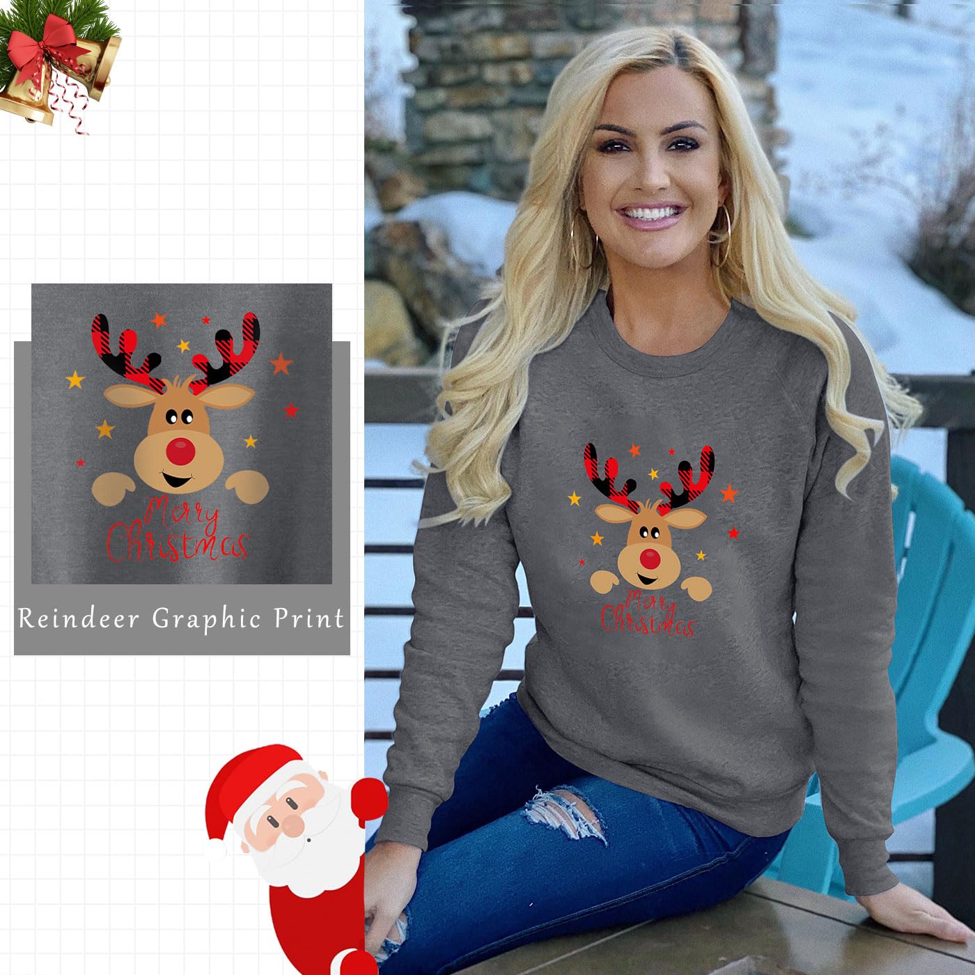 WIEIYM Felpa natalizia da donna con stampa grafica renna, maglia a maniche lunghe, unisex, pullover casual girocollo per donne/uomini, taglie S-XXL