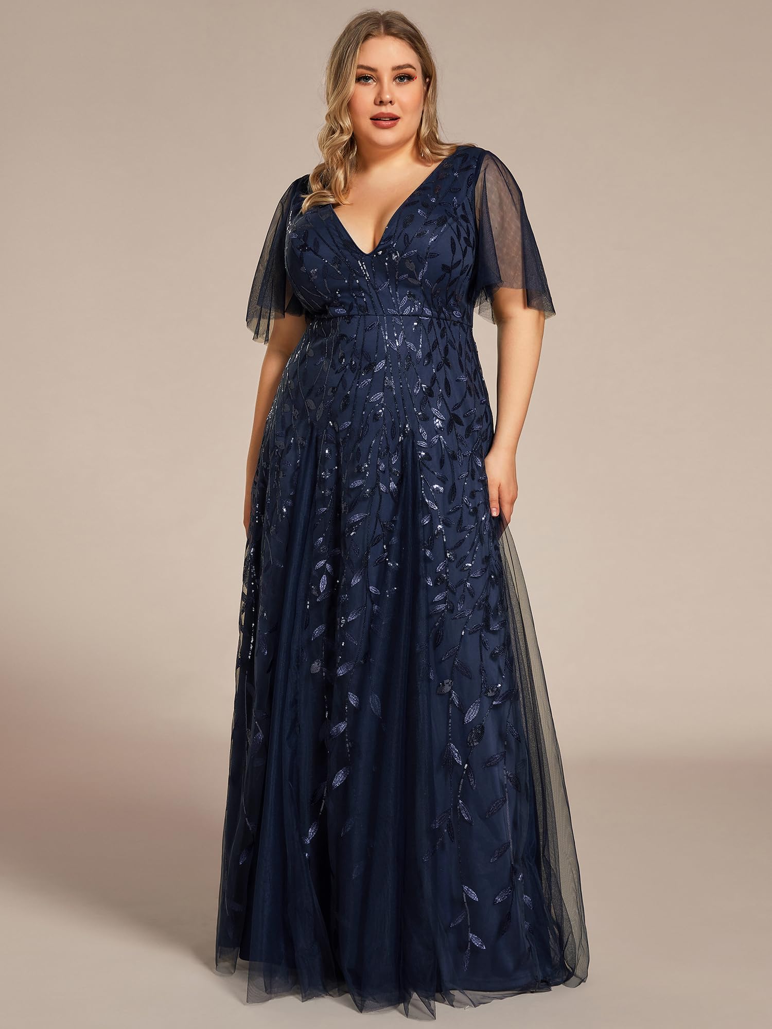 Ever-Pretty Abito formale da donna taglie forti con scollo a V una linea in tulle con paillettes 0734-DA, Blu navy, 56