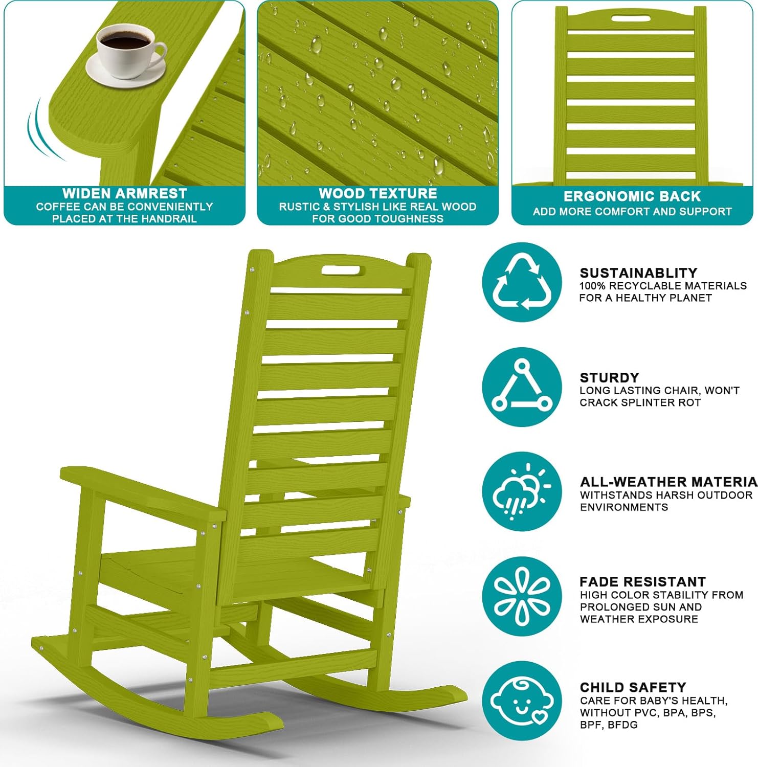 PLUUV Outdoor Rocking Chair with Removable Footboard for Adults, HDPE High Back Patio Rocking Chairs, 330lbs All Weather Porch Rocking Chairs for Outdoor & Indoor -Pistachio Green