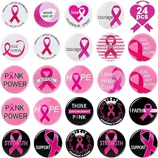 Breast Cancer Awareness Pins 24 Pack Pink Ribbon Breast Cancer Awareness Accessories Round Buttons Badges Party Favors Breast Cancer Decorations Survivor Gifts for Women In October We Wear Pink
