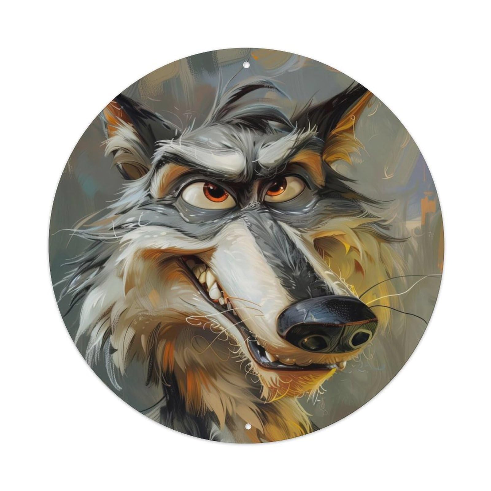 Animal Poster Cartoon Style Wolf Vintage Metal Tin Sign Plaque Wall Decor for Cafe, Club, Garden Round Metal Poster 8x8Inch