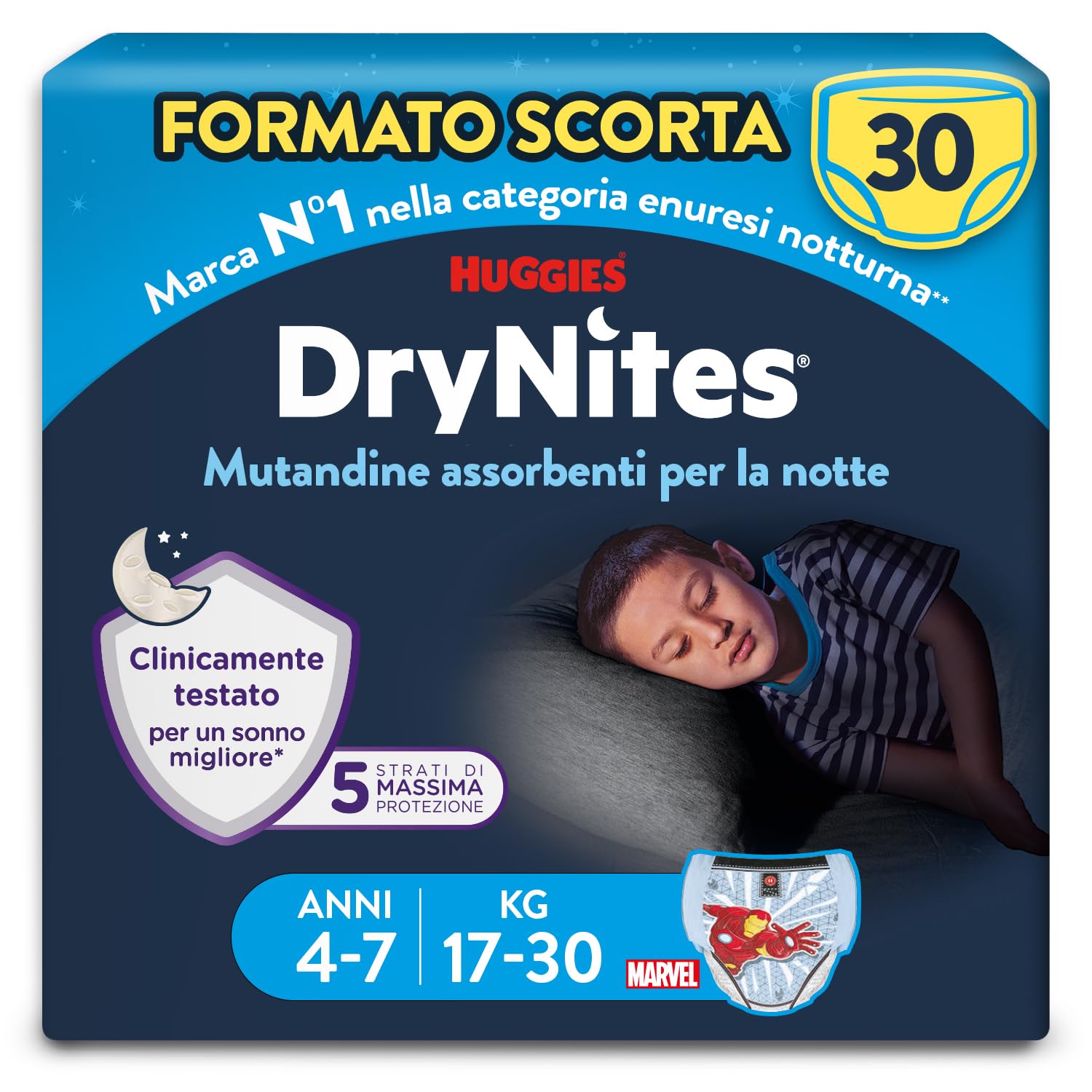 Huggies Drynites Pannolini, Taglia M (17-30 Kg), Mutandine assorbenti bambino, Design Marvel, 30 Pz