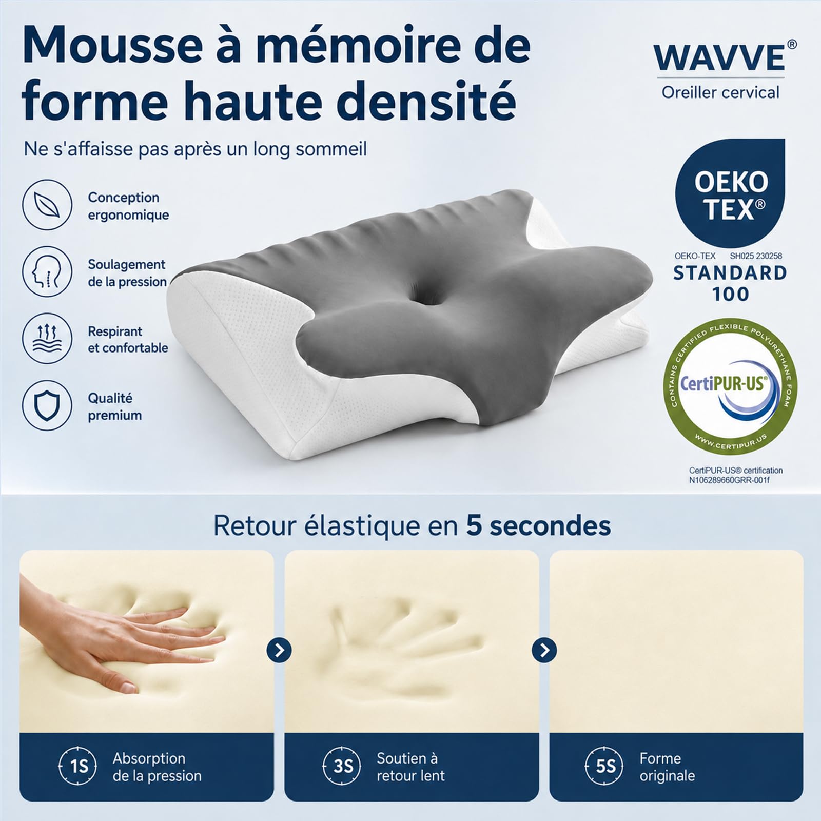 WAVVE Oreiller Cervical Ergonomique et Coussin Cervical pour Cervicales | Design Papillon à Double Hauteur 11/13 cm, Mousse à Mémoire de Forme Haute Densité