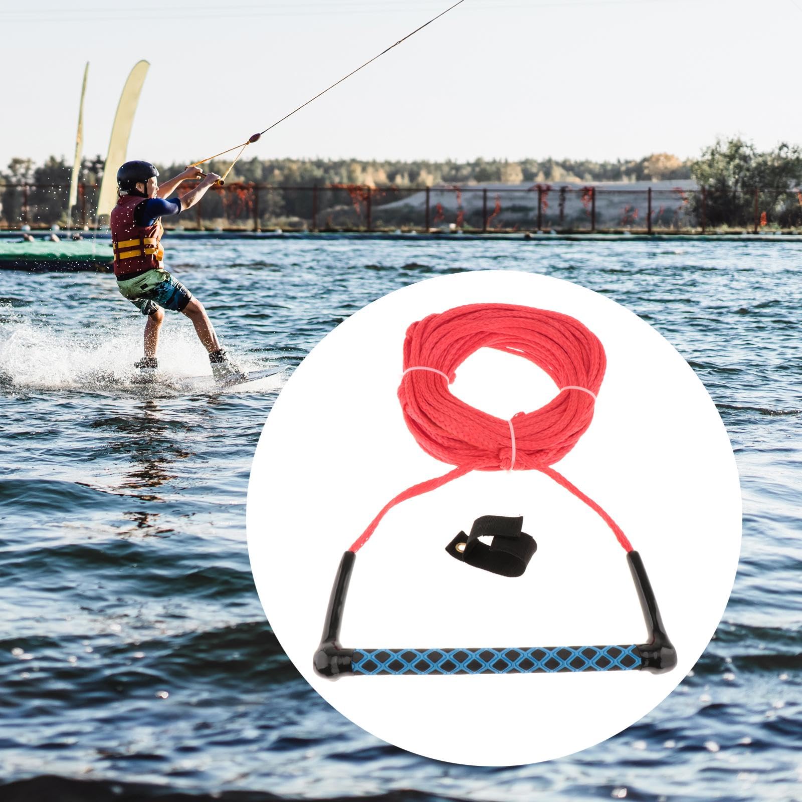 Cuerda para Esquí Acuático 23 Metros con Asa, Correa Portátil para Surf, Wakeboard, Roja