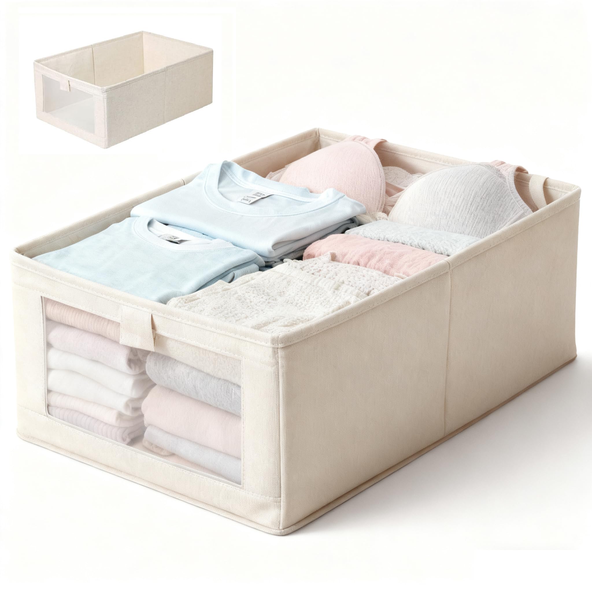 WOKICOR Schubladen Organizer, 41x28x17cm Kleiderschrank Organizer, Faltbox Aufbewahrungskiste Ordnungsbox mit Transparentem Sichtfenster, Aufbewahrungsbox aus Leinen für Kleidung, T-Shirts, Bücher Küche, Haushalt & Wohnen