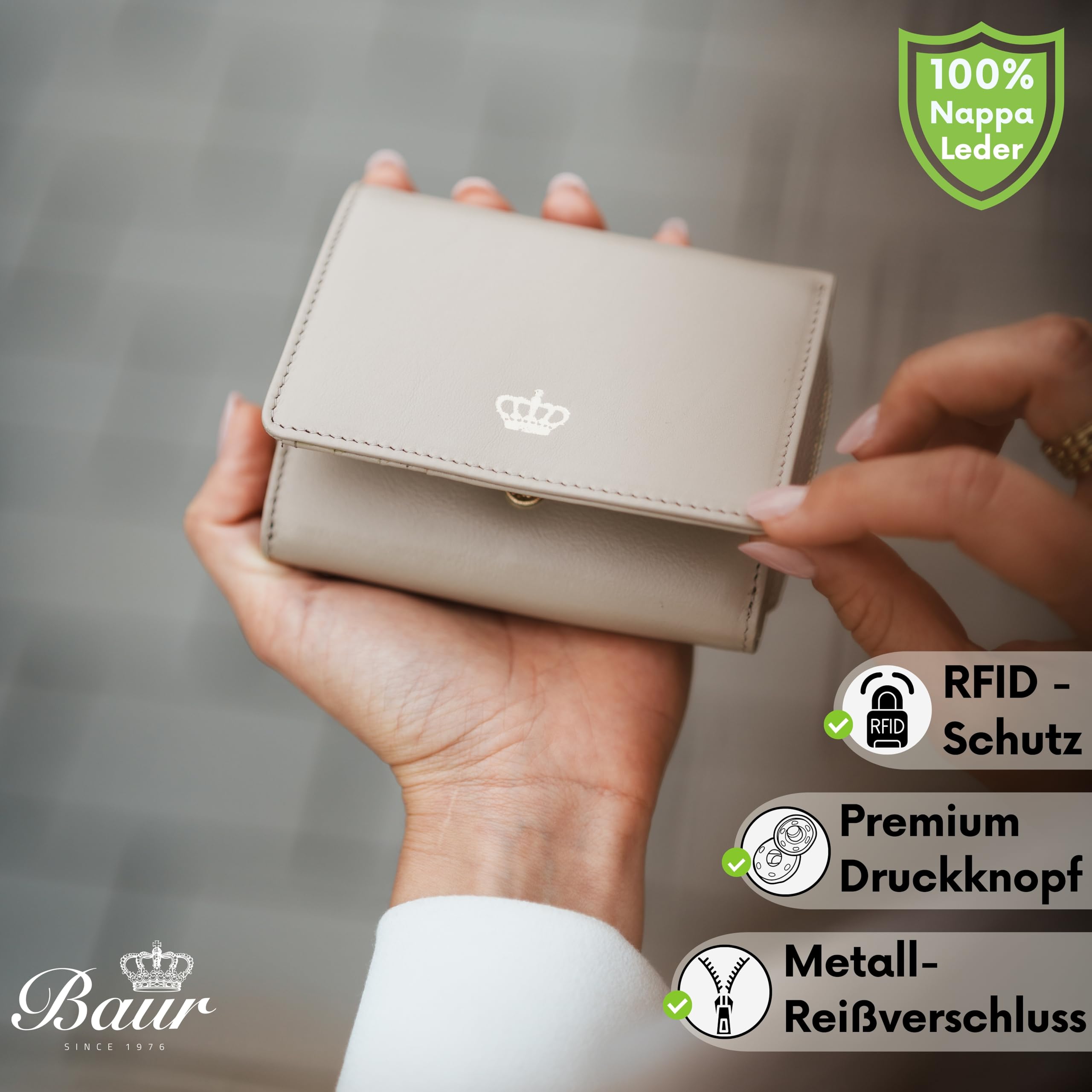 Baur Damen Geldbörse – Echtes Nappaleder mit RFID-Schutz – Portemonnaie mit Druckknopfverschluss, 6 Kartenfächern und Münzfach mit Metall-Reißverschluss (Creme, Gold Reißverschluss)