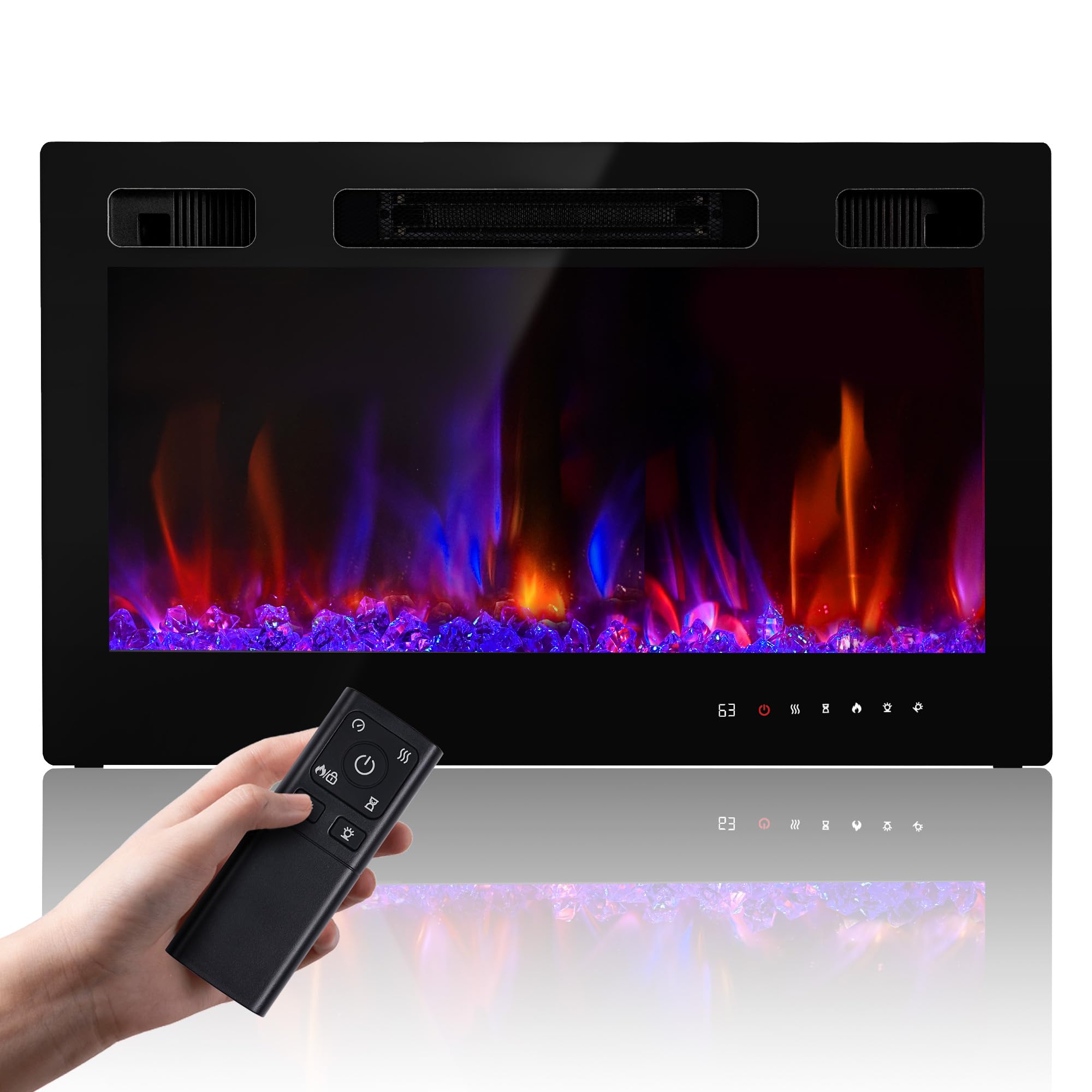 Electric Fireplace Insert 36" Realsmart 1500W Wall Mounted Fireplaces Recessed Heaters Remote Control Slim Black Fireplace Touch Screen Timer 12 Flame Colors LED Decor Low Noise