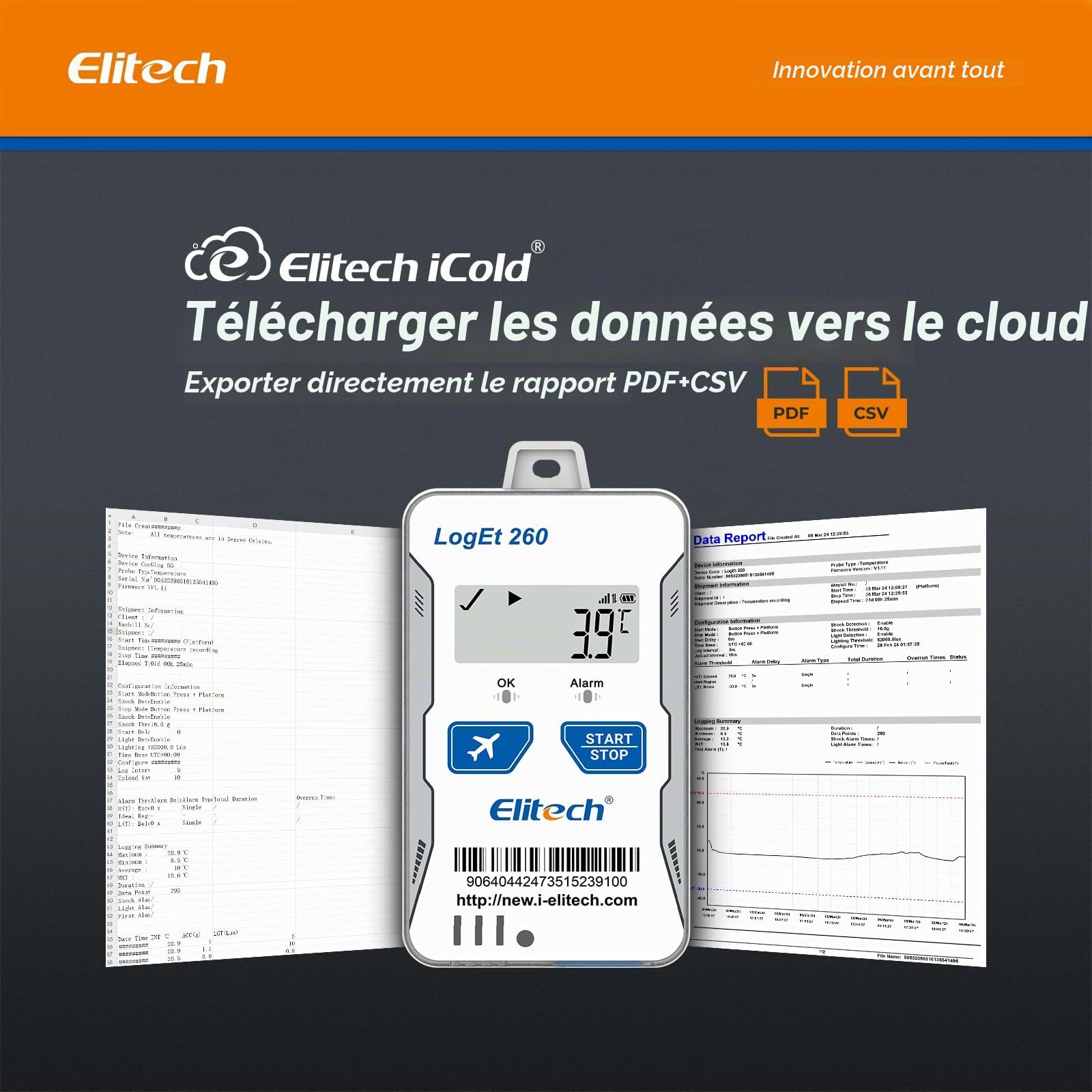 Elitech 4G Enregistreur de Données Température Humidité Sonde Externe Réutilisable Lumière/Choc/Emplacement Intégré Données d'ombre SIM intégrée Stockage SMS E-mail APP Alarme Web 100 000 Points