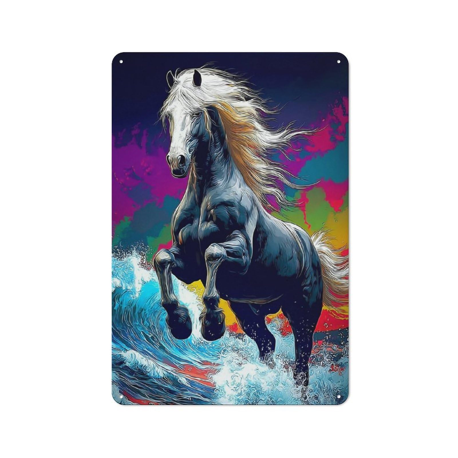 Junmoney Rearing Horse In Stormy Waves Tin Wall Plaque 30X20cm With For Man Cave Or Games Room, For Garage, Workshop And Man Cave Decoration