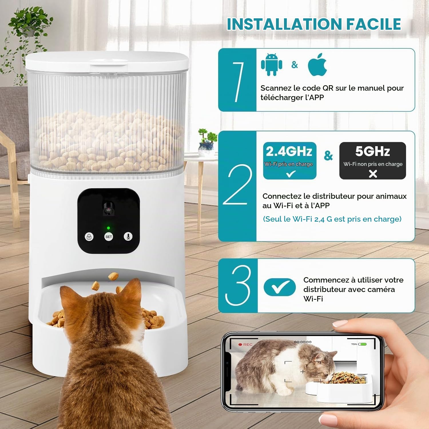 Distributeur Croquettes Chat Automatique, 3L Mangeoire Automatique pour Chat avec Caméra 1080P, 2,4 G WiFi+Bluetooth, Fonction Minuteur et Enregistrement Vocal (Blanc)