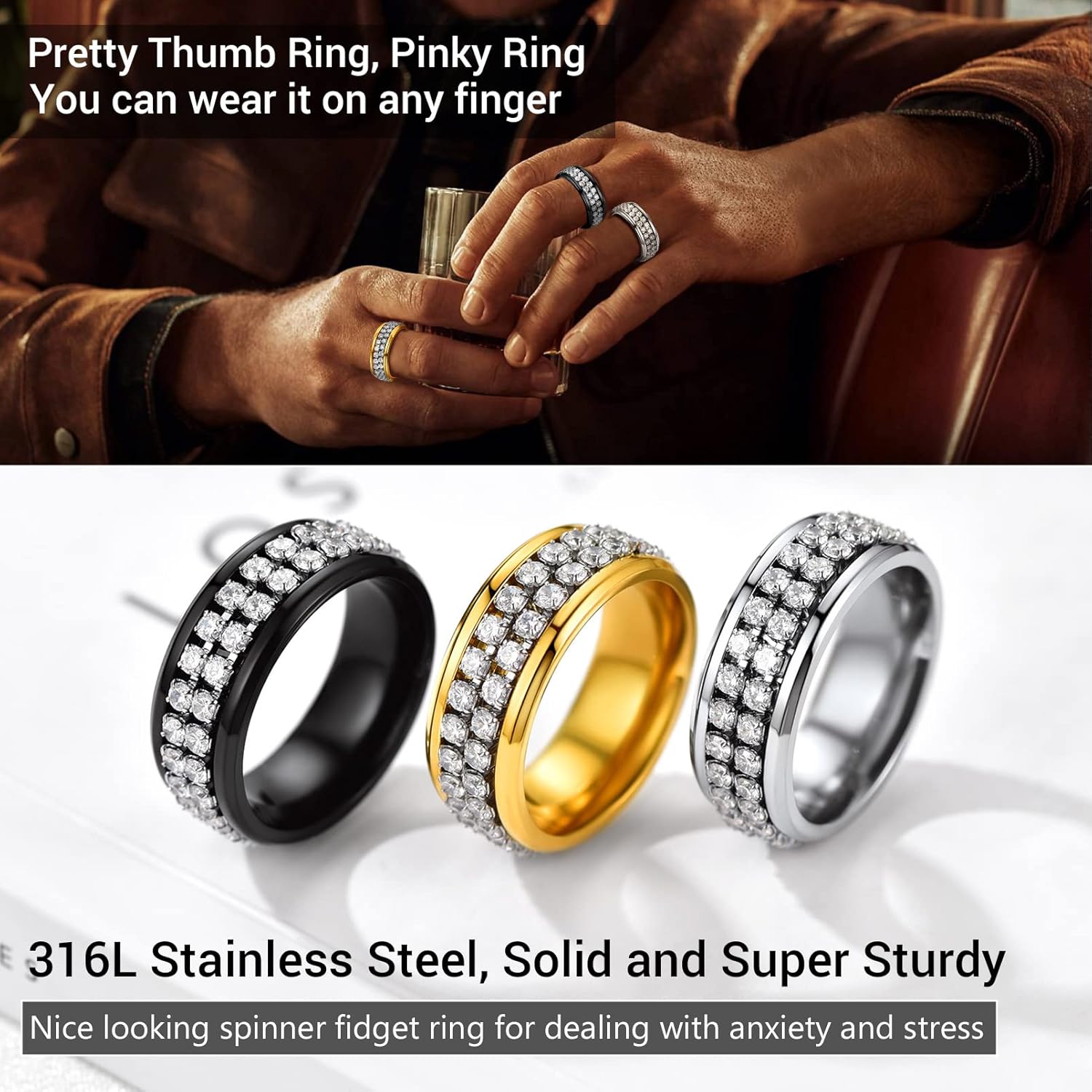 PROSTEEL Mens Spinner Ring, Fidgit Rings for Anxiety, Stainless Steel 8mm Chunky Ring, Black/18K Gold Plated Rotatable Cubic Zirconia Gorgeous Chain, Pinky Ring, Thumb Ring, Come with Box