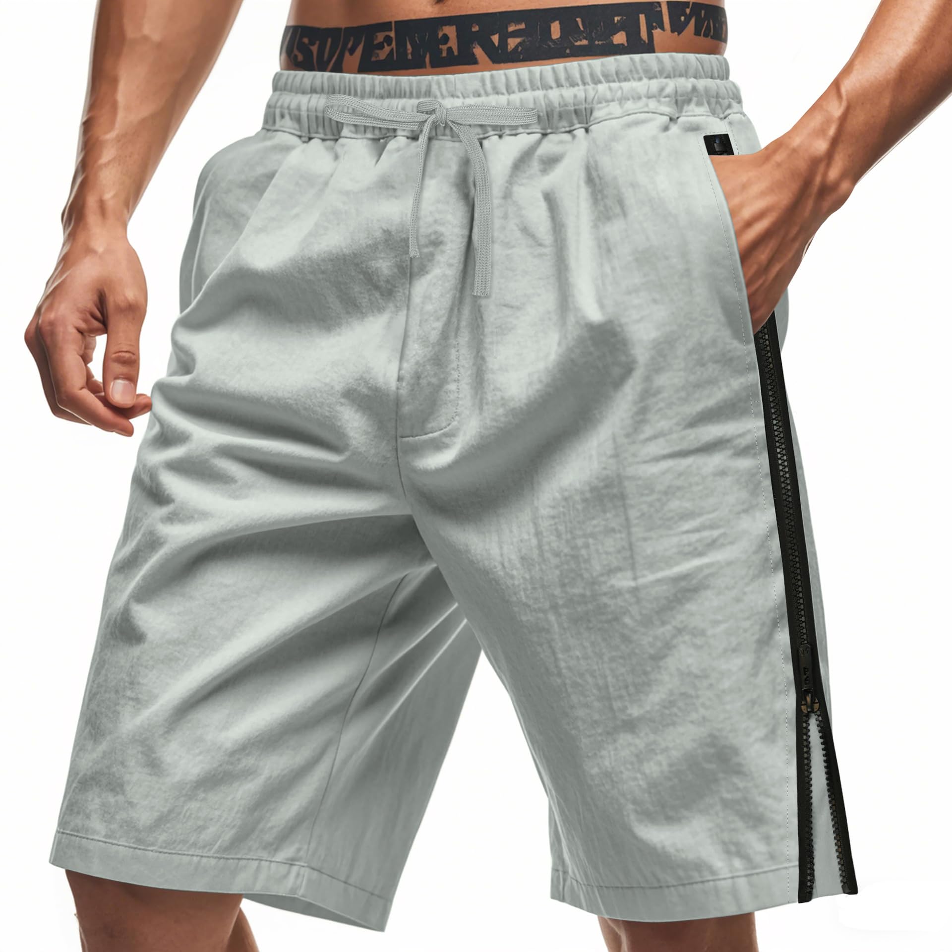 Mens Summer Zipper Bermuda Shorts Solid Color Elastic Waist Drawstring Pants Trend Hawaii Beach Pants with Pocket