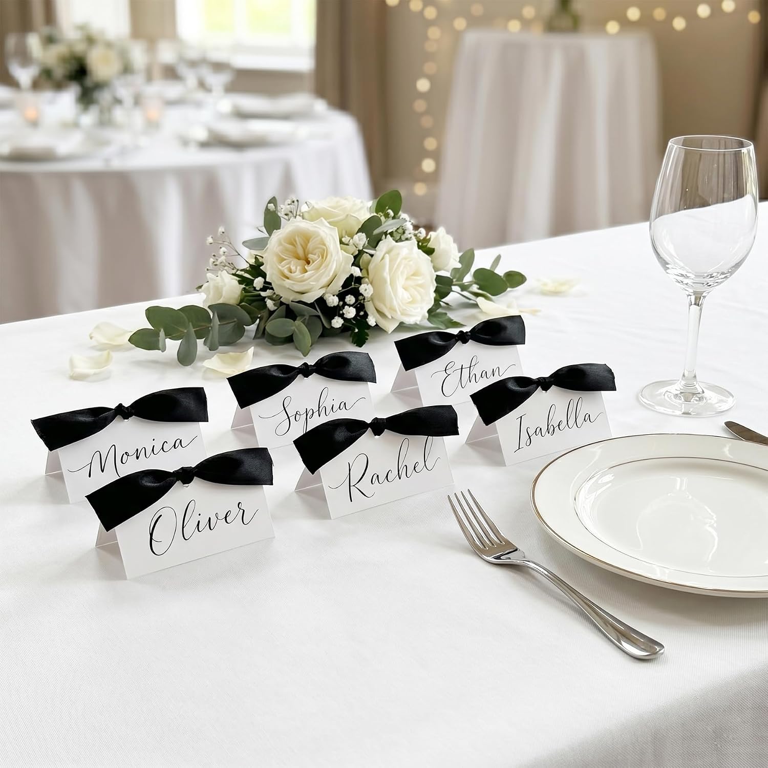 50Pcs Paper Place Cards with Black Ribbon, 3.5" x 2" Tent Cards for Wedding, Banquet, Table Setting, Dinner Parties
