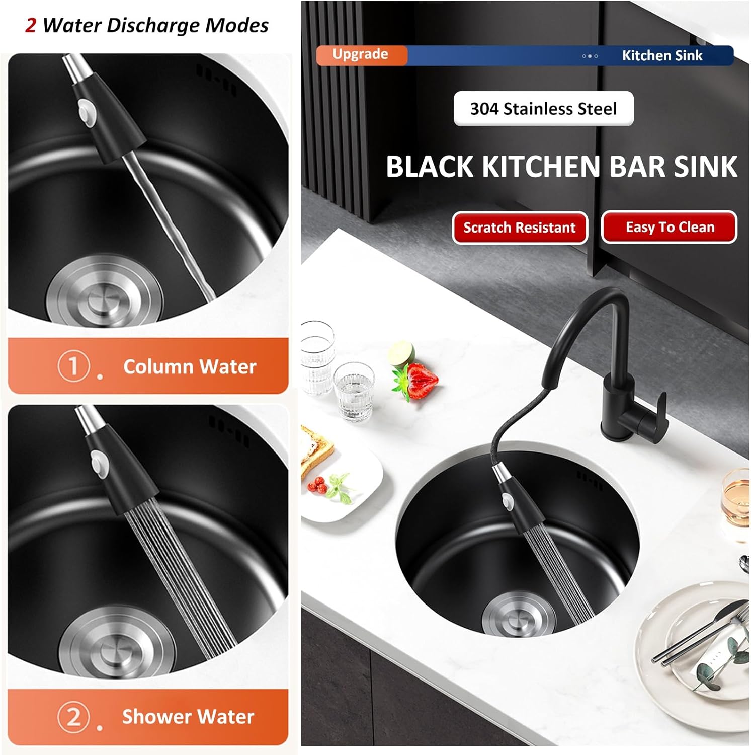 Round Small Bar Sink With Pull-Out Faucet, Angle Valve, Water Inlet Pipe And Drain Set, Black Kitchen Bar Sink, 304 Stainless Steel Bar Prep Sink, Small Dishwashing Sink ,One Color-40x40x20cm