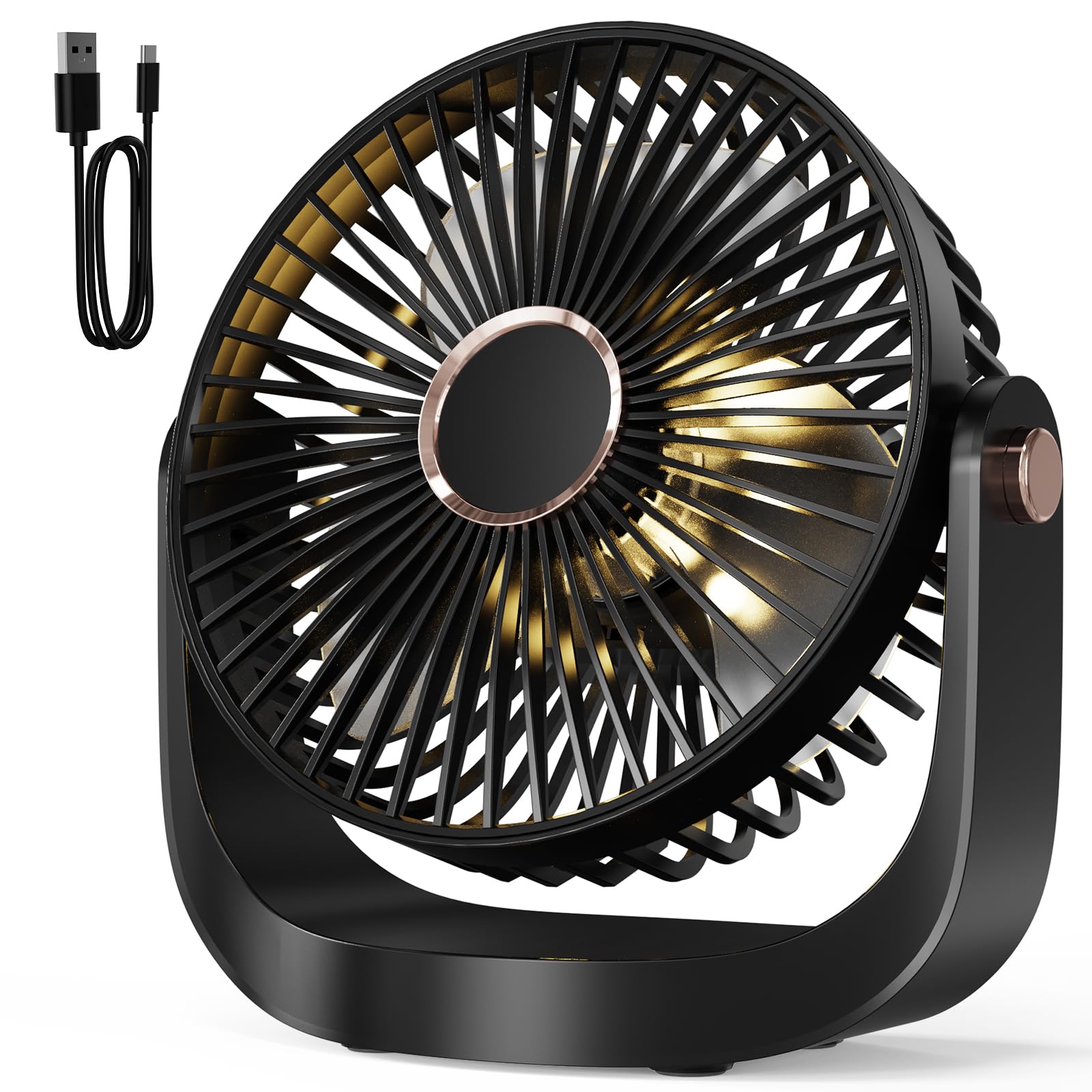 Ventilador de Mesa Portátil Silencioso con Luz Nocturna, Recargable USB 3000mAh, 5 Velocidades, Ajustable 360° para Oficina y Dormitorio y Constituir,Negro