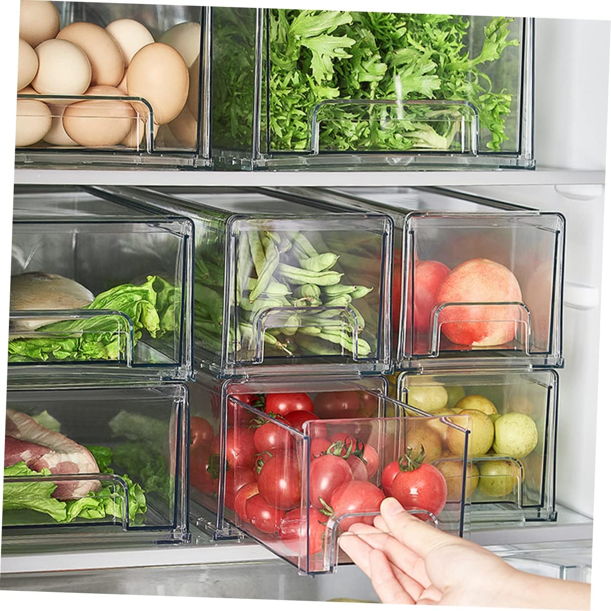 Fridge Bin Organizer Large Transparent Storage Box for Fruits and Vegetables Space-saving Design for Refrigerator and Pantry Durable Pet Material Easy to Use and Clean