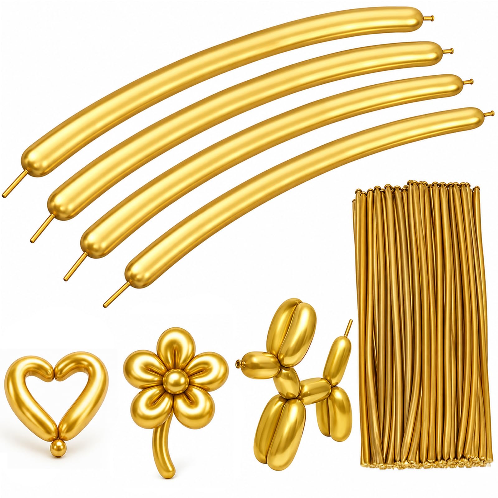 Gold Modelling Balloons, Metallic Long, 260Q, 30cm, 100 Pcs