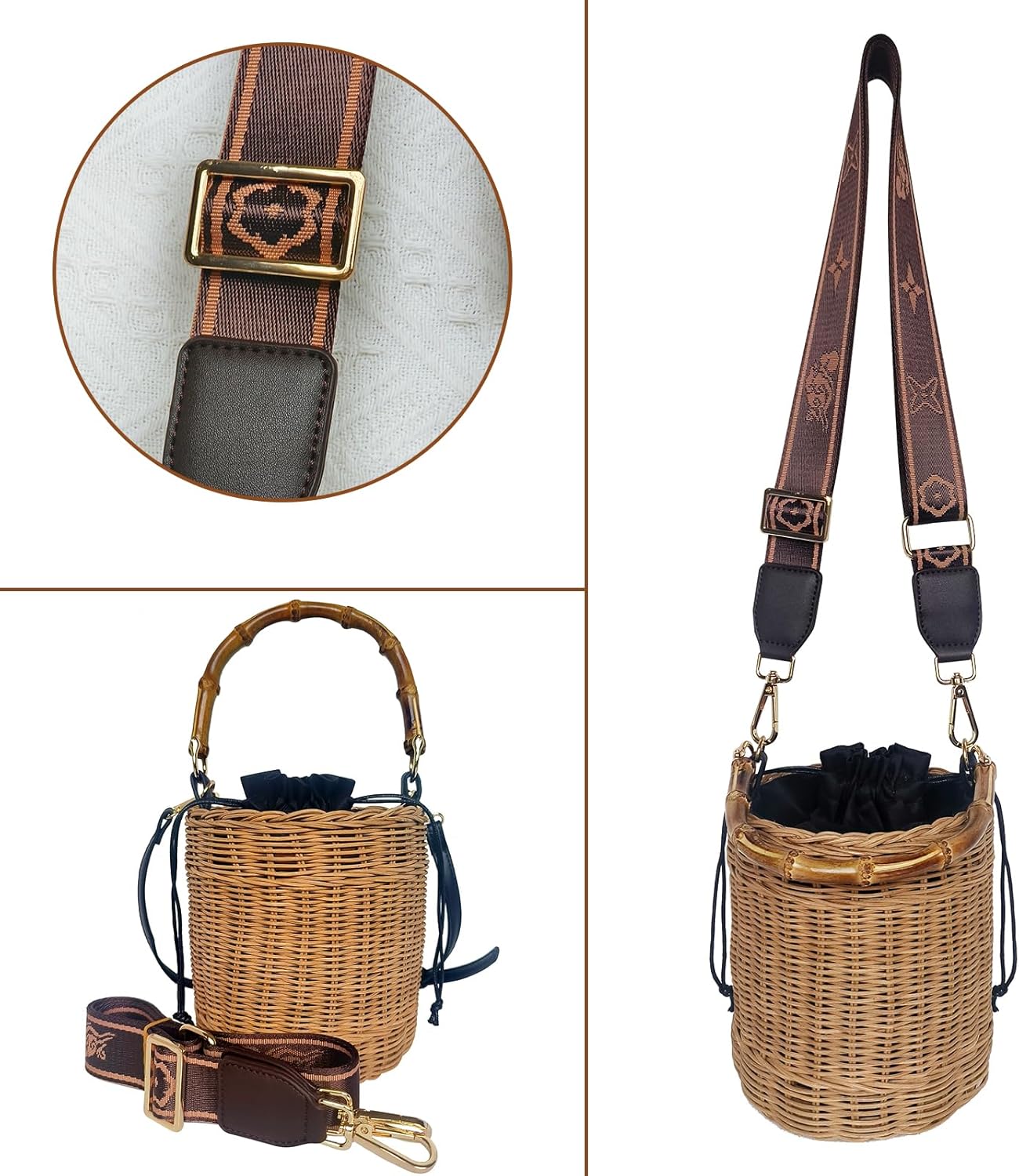 Flower Pearls Rattan Tote Bag Summer Beach Drawstring Straw Bucket Bag Diamonds Woven Handbag - Image 7