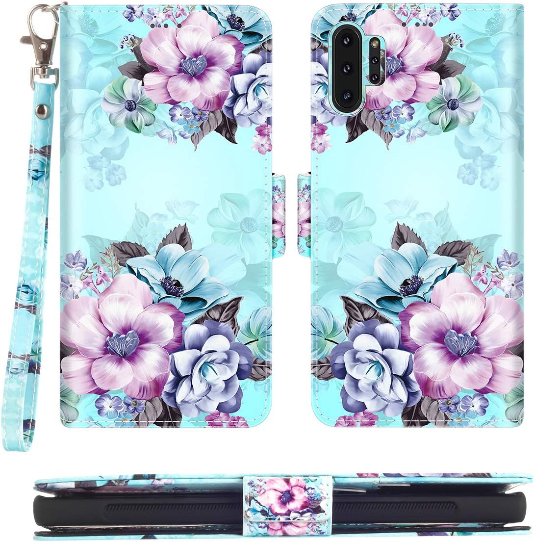 Casetego for Galaxy Note 10 Plus Case,Detachable Magnetic Wallet Case PU Leather Full Body Protective Case with Credit Card Holders, Wrist Strap for Samsung Galaxy Note 10 Plus,Blue Flower
