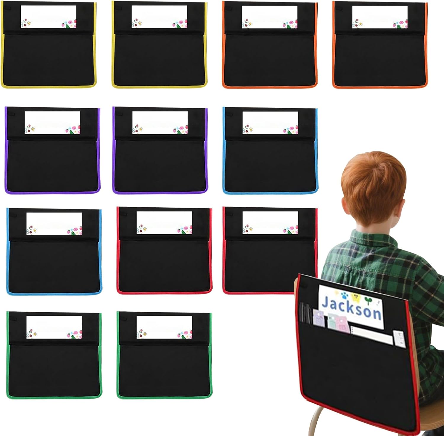 座席サック,チェアシートポケットチャート収納付きネームタグ | 12枚 洗濯可能 椅子用バディ収納ポケット,学校用品 学生用ブック