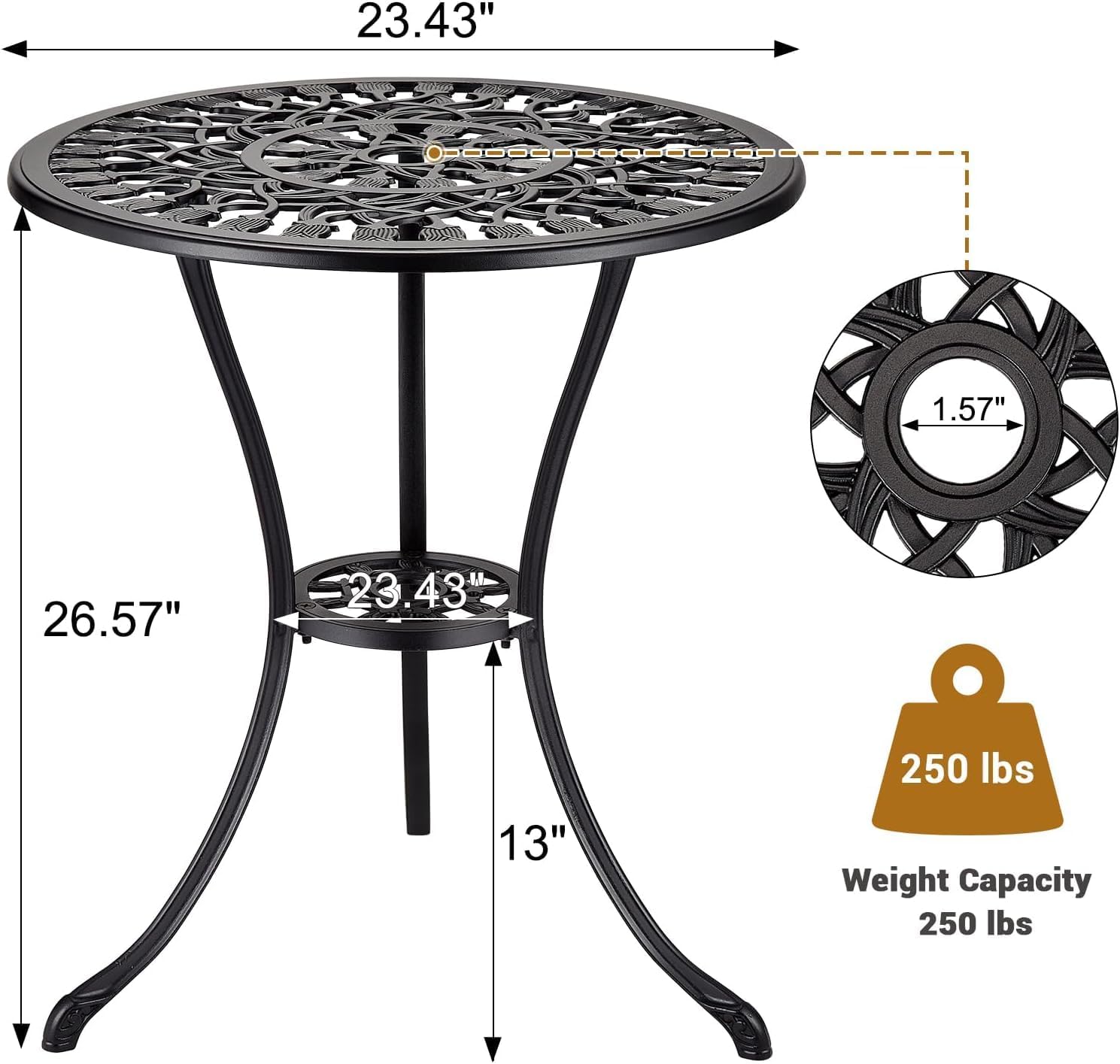 23 Inch Small Round Patio Bistro Table, Weatherproof Outdoor Coffee Table with Umbrella Hole & Vintage Floral Pattern, Cast Aluminum Side Table for Garden/Porch/Backyard, Black