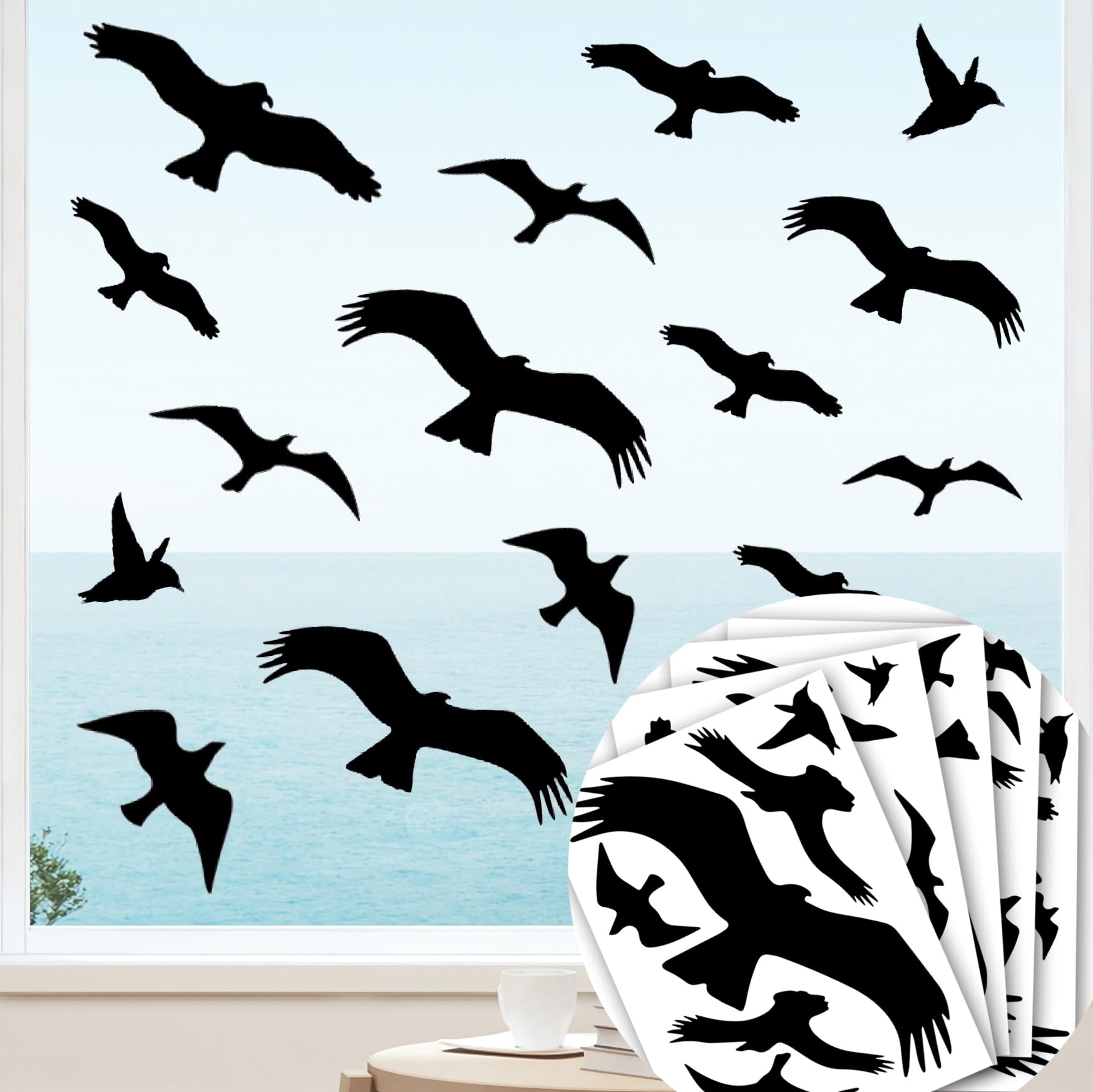 Lot De 16 Autocollants Anti-collision Oiseaux - Noir, Taille 22x30 Cm - Adhésion électrostatique (sans Colle) - Pour Fenêtres, Vitres, Portes En Verre