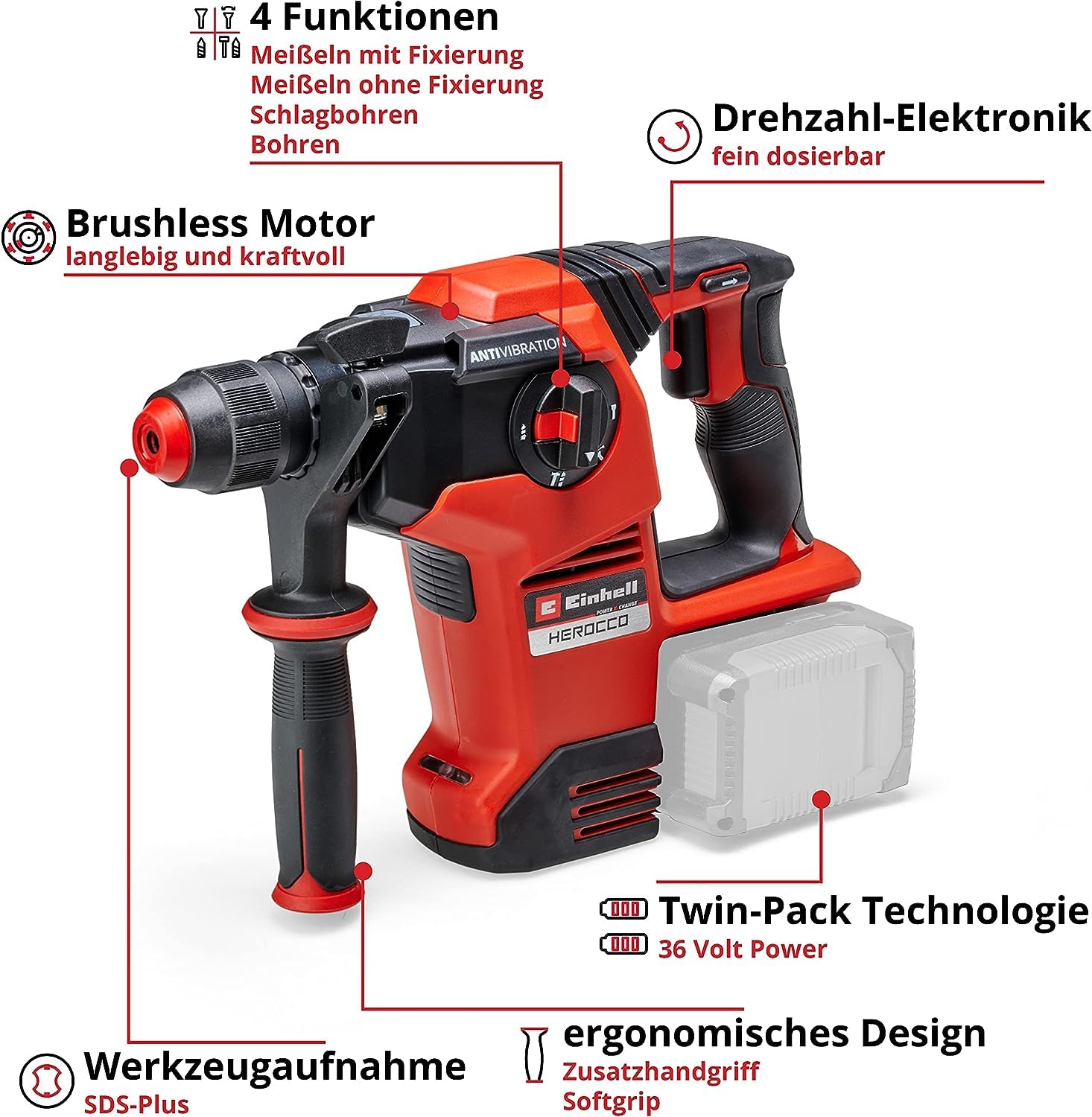 Einhell Akku-Bohrhammer Herocco 36/28 Power X-Change (Twin-Pack, Bohren/Hammerbohren/Meißeln mit/ohne Fixierung, 3.2 Joule, bürstenlos, SDS+, inkl. E-Box, ohne Akku/Ladegerät)