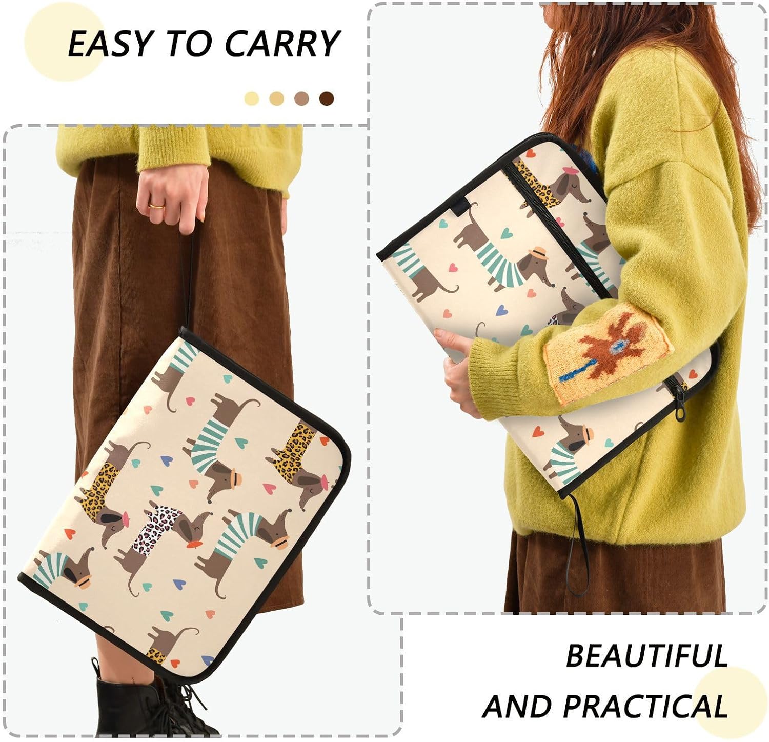 ZZKKO 13 Pockets Expanding File Folder Dachshunds in Dress with Sticky Labels Accordion File Folder Document Organizer Letter Size A4 Papers Expandable File Keeper