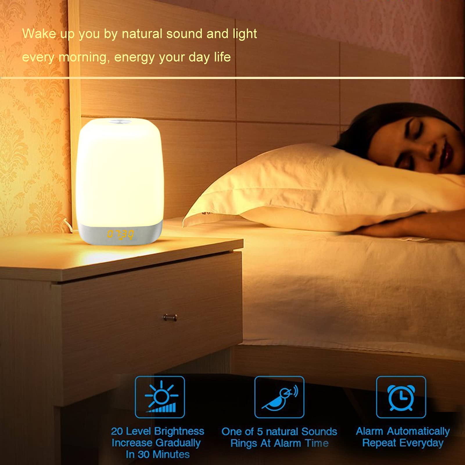 Tocca Luce Notturna Sveglia Digitale con Sveglia con Simulazione Alba/Tramonto, Sveglia e Snooze 5 Suoni di Allarme Naturali per Camera da Letto, Comodino, Allattamento