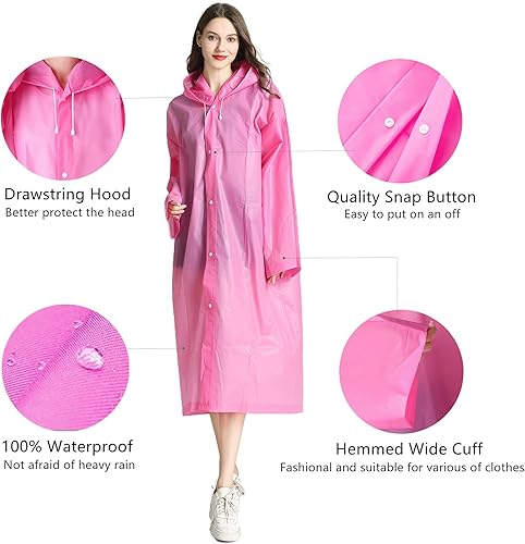 Miniatura 10 de RUISHYY Ponchos de lluvia para adultos, mujeres y hombres (paquete de 2 a 5), abrigos de lluvia reutilizables de EVA, chaquetas largas sueltas