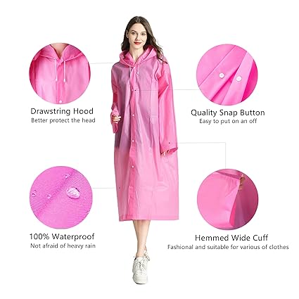 Adult Raincoat Poncho for Women Men - 2 Pack Reusable Waterproof Rain Coat Poncho Jacket Suit Gear, Clear Black Yellow Color, Pink+blue, One Size