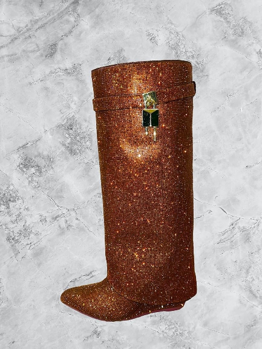 Liliana Women Rhinestone boots Fold over boots Knee high Wedge Heel Pointed Toe Pull-On Tall Boots MUTTO-1 C