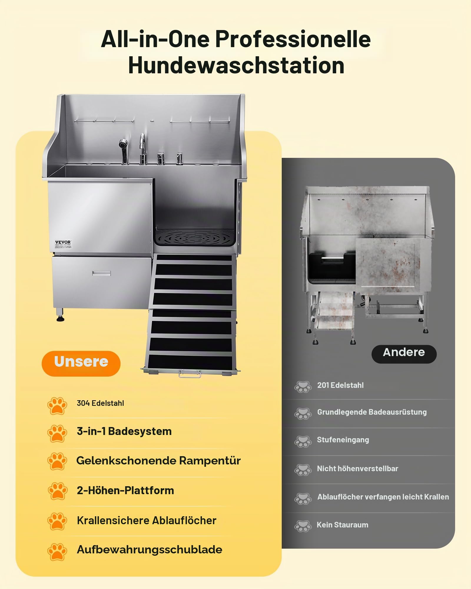VEVOR Hundewaschstation aus Edelstahl, 1275x795x1435 mm Tierpflegewanne mit Rampe, Wasserhahn, Duschkopf, Hundebadewanne mit Leine für große, mittelgroße und kleine Haustiere (rechte Tür)