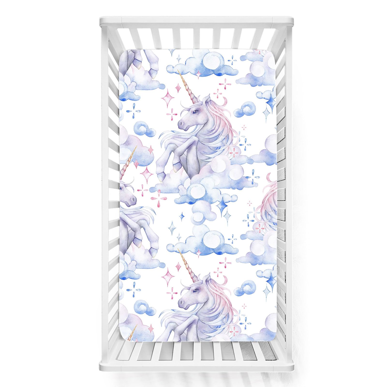 Odot Cot Bed Sheets, Cartoon Horse Print Bedside Cribs Fitted Sheets, Baby Bed Sheets Microfiber Cot Bed Mattress Protector, Bassinet Sheets, Easy Care Soft and Dureable (White,80x160 cm)