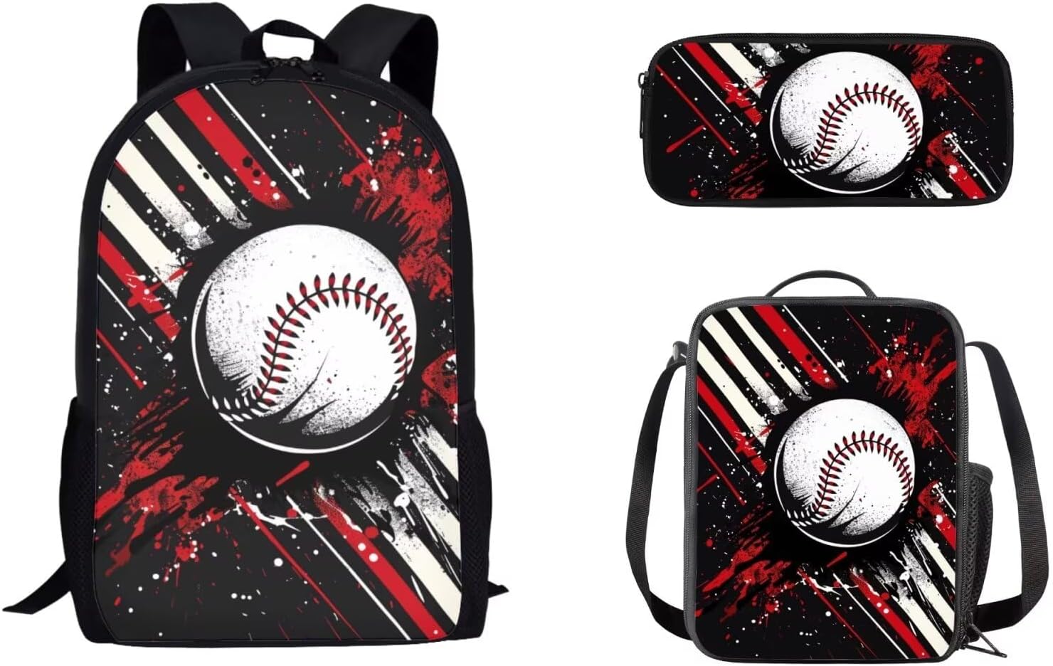 Baseball Print Backpack Set Ink Boys School Backpack Set with Lunch Box Pencil Box, Large Capacity Schoolbag Bookbag Reusable Lunch Bag Pencilcase for Kids Teens, Black adn Red